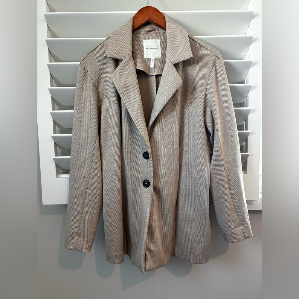 Avec Les Filles Oversized Knit Tan Herringbone Blazer XS Preppy Academia